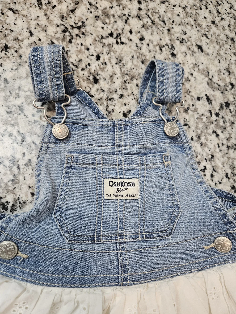 OshKosh B'gosh Blue Denim Overall Top with Cream Eyelet Skirt Dress 2T